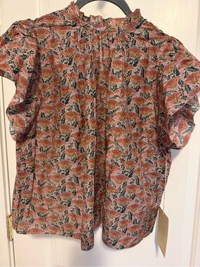 Trovata (Carla) High-Neck Pink Floral Ruffle-Trim Blouse with Green Leaves